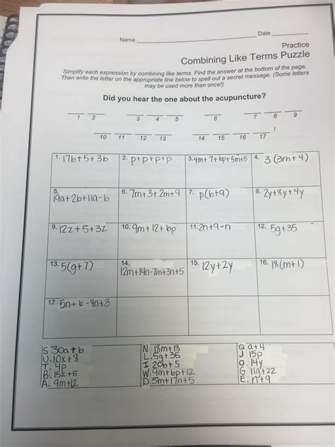 combining like terms puzzle worksheet answer key